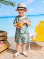 SHEIN Baby Boy/Girl Floral Pattern Collar Button-Up Short Sleeve Top And Casual Shorts 2pcs Outfit
