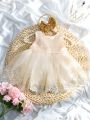 2pcs Newborn Baby Girls' Glitter Bow Decorated Embroidery Mesh Splice Dress With Headband For Photography