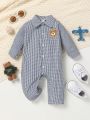 Baby Boys' Polo Collar Front Buttoned Long Sleeve Romper With Checkered Sleeve Details And Footed Pants