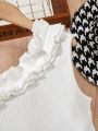 SHEIN Kids FANZEY Tween Girls' Asymmetrical Neck Sleeveless Houndstooth Print Dress