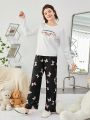 SHEIN Teen Girls' Letter & Butterfly Print T-shirt And Long Pants Home Wear
