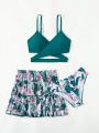 Girls' (big) Tropical Printed Three-piece Swimsuit Set