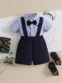Baby Boys' Blue & White Striped Shirt With Solid Color Overall Set, Spring/Summer