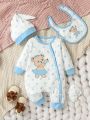 Newborn Baby Colorblocked Jumpsuit With Bear Embroidery