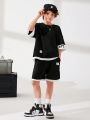 SHEIN Kids KDOMO Tween Boys' Casual 2-In-1 Short Sleeve Round Neck Pullover And Shorts Knitted Two Piece Outfit