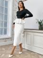 SHEIN Privé Women's Ruffle Hem T-shirt & Sequin Bodycon Skirt 2pcs Set