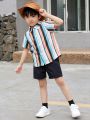 SHEIN Kids KDOMO Toddler Boys' Striped Printed Shirt And Solid Color Shorts Set