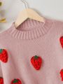 Teen Girl Strawberry Embroidery Lantern Sleeve Sweater