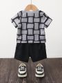 Baby Boys' Fashionable And Cool Round Neck Printed Short-sleeved T-shirt, Letter Patch, Workwear Pocket Shorts, Casual And Simple, For Spring And Summer