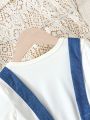 SHEIN Kids EVRYDAY Young Girl's 1pc Denim Printed Mid-Length Suspender Dress, Summer