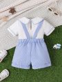 Baby Boys' Simple Retro Fashion Striped Overalls, Short Sleeve Shirt Combo