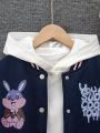 Tween Girls' Cute Rabbit & Letter Print Color Block Baseball Jacket