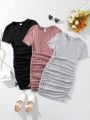 SHEIN Kids HYPEME Tween Girls' Sporty Knit Solid Crew Neck Short Sleeve Dresses, 3pcs/set