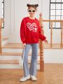 SHEIN Girls' Loose Knitted Sweatshirt With Heart Pattern And Round Neck For Casual Wear, Mommy And Me Matching Outfits (2 Pieces Are Sold Separately)