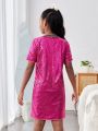 SHEIN Kids Cooltwn Older Girl's Letter Embroidered Sequined Round Neck Short-Sleeved Dress