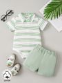 SHEIN 2pcs/Set Baby Boy Color Block Striped Romper And Solid Shorts