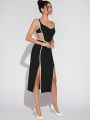 Luxe Contrast Binding Cut Out Waist Split Thigh Dress
