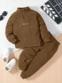 Little Boys' Letter Embroidery Zipper Front Hoodie And Long Pants Two-piece Set