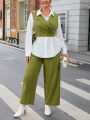 SHEIN Privé Plus Size Colorblock Shirt With Belt And Solid Color Straight Pants Two Piece Set