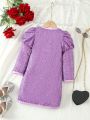SHEIN Kids CHARMNG Girls' Romantic And Gorgeous Beaded Embroidery Bubble Sleeve Dress, Suitable For Festivals, Parties And Gatherings In Autumn And Winter