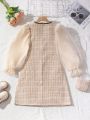 Tween Girls' Mesh Spliced Grid Pattern Puff Sleeve Dress, For Older Children