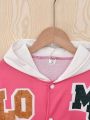 Fall Casual Hooded Jacket With Letter Patches For Tween Girls