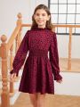 SHEIN Tween Girls' Woven Polka Dot Stand Collar Waist Cinched Holiday Dress, Mommy And Me Matching Outfits (2 Pieces Are Sold Separately)