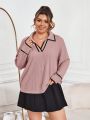 SHEIN Essnce Plus Size Women's Striped Edge Ribbed T-shirt
