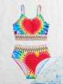 Girls' Tie Dye Heart Pattern Printed Swimsuit Set