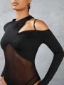 SHEIN BAE Women's Irregular Shoulder Cutout Mesh Splice Bodysuit, Slim Fit
