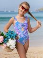 Tween Girls' Love Heart Printed One Piece Swimsuit With Hollow Out Detail And Bow Decor