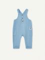 Cozy Cub Solid Color Dungarees For Baby Boy With Patched Detail And Button Closures