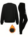Plus Size Letter Printed Fleece Lined Sweatshirt And Sweatpants Two-piece Set
