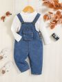 SHEIN Baby Girl Flap Pocket Denim Overalls Without Tee
