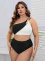 SHEIN Swim Chicsea Plus Size Women'S One Shoulder Color Block Swimsuit Set