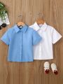 SHEIN Kids FANZEY 2pcs Young Boys' Gentlemen Party Solid Short Sleeve Shirt And Shorts Summer Outfits