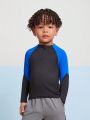 Young Boy Color Block Raglan Sleeve Pullover Sports Sweatshirt With Half Zipper