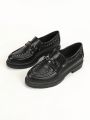 Styleloop Chain & Studded Decor Women's Black Leather Loafers