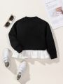 SHEIN Kids SUNSHNE Young Girl's Black And White Splicing Long Sleeve Sweatshirt