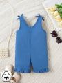 Baby Girls' Classic Blue Romper With Bow Detail For Spring And Summer, Elegant And Cute Everyday Casual Wear