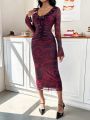 SHEIN Privé Women's V-neck Floral Print Lace Decoration Long Sleeve Dress