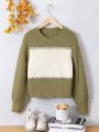 Girls' Contrast Color Round Neck Casual Sweater For Tween