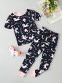 Little Girls' Spring Autumn Slim Fit Pajama Set With Unicorn And Letter Print Color Blocking Design For Homewear