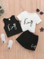 SHEIN Baby Boy Casual Knitted Letter Pattern Short Sleeves Top & Vest & Elastic Waist Shorts 3pcs Outfits