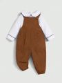 SHEIN Baby Boys' Doll Collar Top And Footed Overalls 2pcs/set