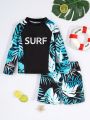SHEIN Young Boy's Tropical Plant And Letter Print High Neck Beach Swimsuit