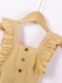 Infant Girls' Khaki Sleeveless Fly Sleeve Overalls Jumpsuit, Cute Casual Style For Everyday Wear In Spring And Summer