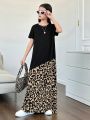 SHEIN Kids SUNSHNE Tween Girls' Knitted Colorblock Round Neck Leopard Print Patchwork Casual Dress