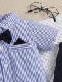 Baby Boys' Blue & White Striped Shirt With Solid Color Overall Set, Spring/Summer