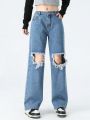 Teen Girls' Vintage Street Fashion Loose Fit Comfortable Wide Leg Jeans
